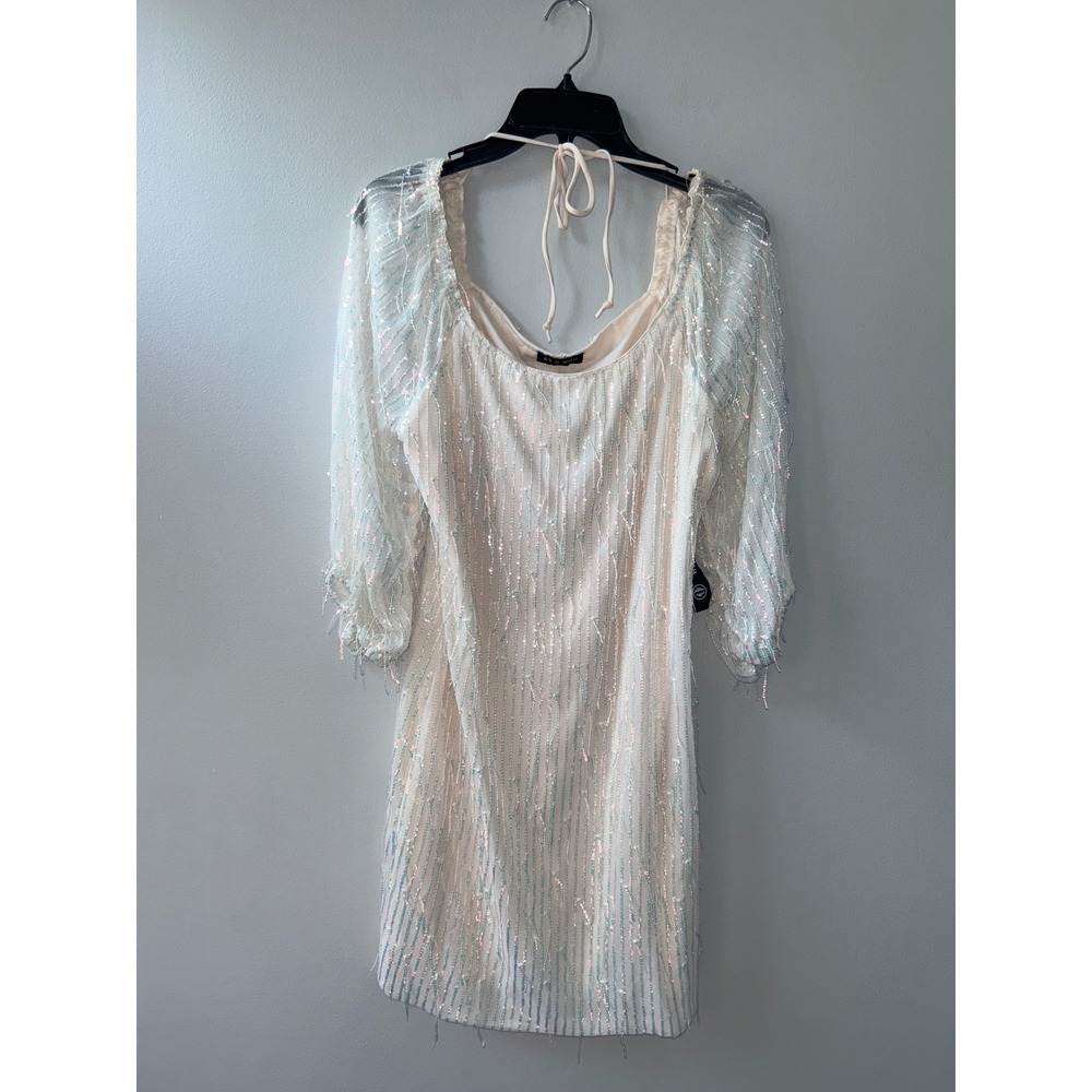As U Wish Womens XL Cream Iridescent Sequin Fringe Mini Dress A66869E07 NWT